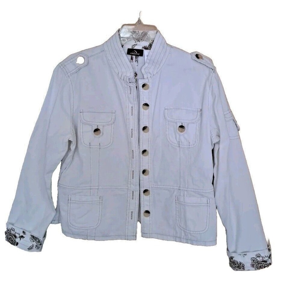Jordache Jacket Jr Wm's XL 15/17 Off White Distress Cotton Buttons Paisley Lined